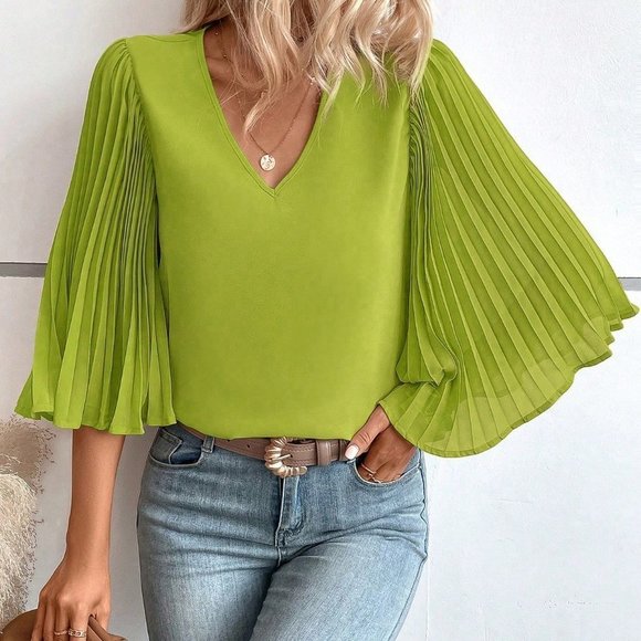 MODA ME COUTURE Tops - Pleated Sleeve V Neck Blouse Green